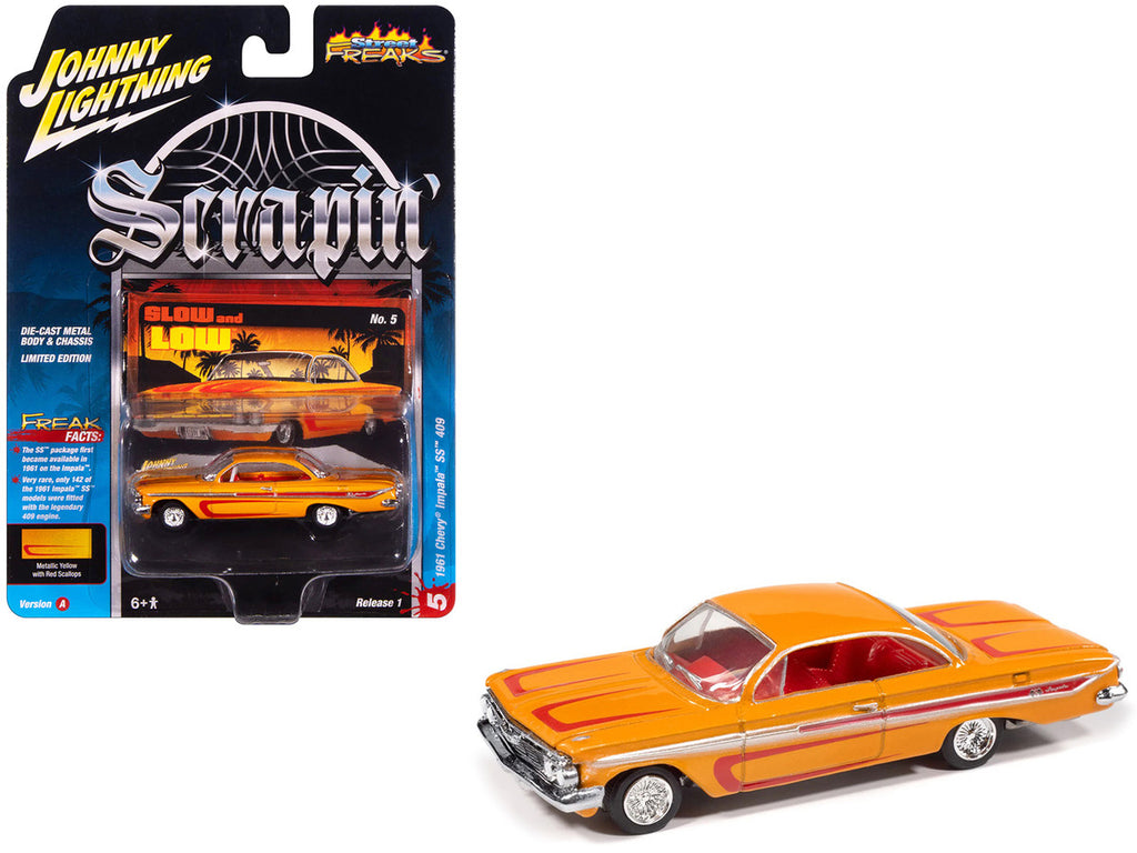 1961 Chevrolet Impala SS 409 Yellow Metallic with Red Stripes and Interior "Scrapin" Series 1/64 Diecast Model Car by Johnny Lightning-0