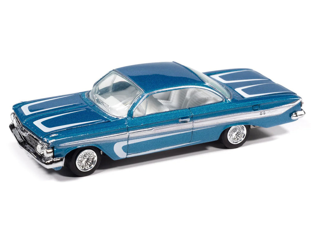 1961 Chevrolet Impala SS 409 Blue Metallic with White Stripes and Interior "Scrapin'" Series 1/64 Diecast Model Car by Johnny Lightning-1