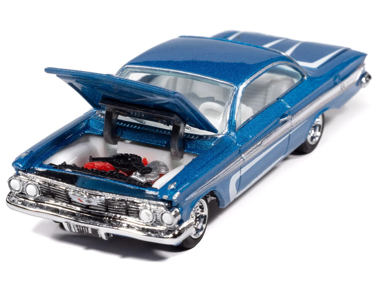 1961 Chevrolet Impala SS 409 Blue Metallic with White Stripes and Interior "Scrapin'" Series 1/64 Diecast Model Car by Johnny Lightning-2