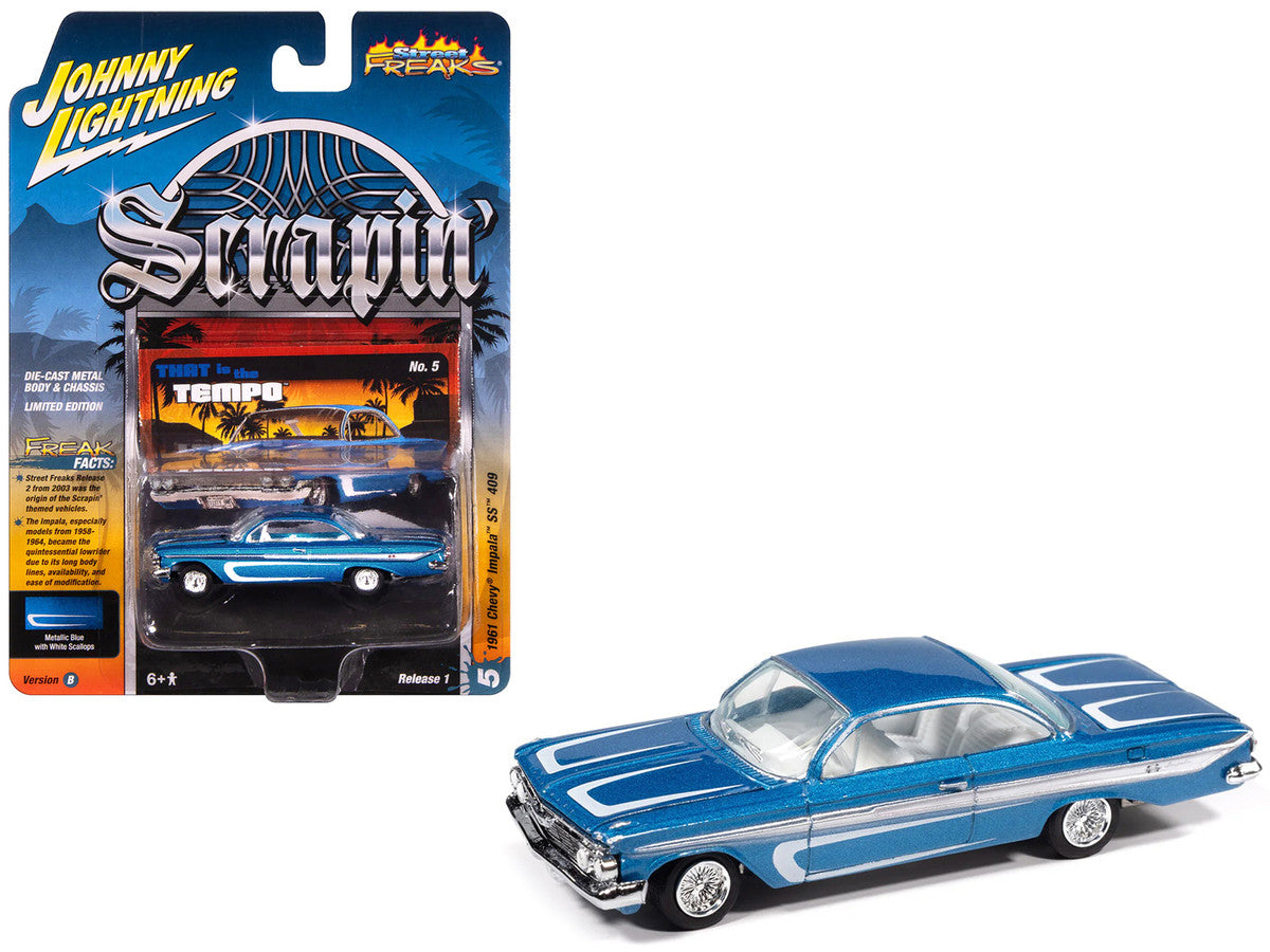 1961 Chevrolet Impala SS 409 Blue Metallic with White Stripes and Interior "Scrapin'" Series 1/64 Diecast Model Car by Johnny Lightning-0