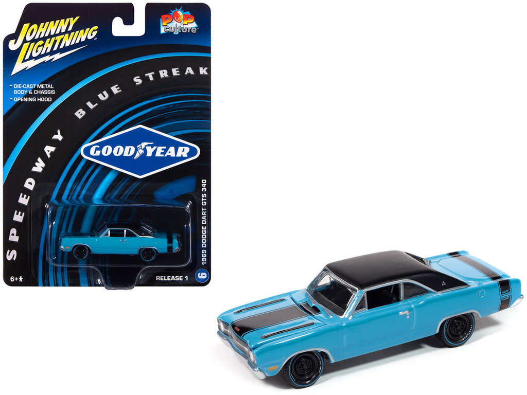 1969 Dodge Dart GTS 340 Blue with Black Top and Stripes "Goodyear Blue Streak" "Pop Culture" 2025 Release 1 1/64 Diecast Model Car by Johnny Lightning-2