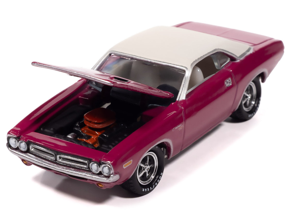 1971 Dodge Challenger R/T Panther Pink with White Top and Interior "Classic Gold Collection" 1/64 Diecast Model Car by Johnny Lightning-2