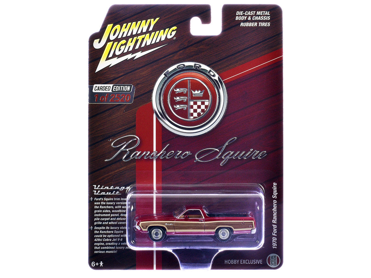 1970 Ford Ranchero Squire Red with Woodgrain Sides "Hobby Exclusive" Series Limited Edition to 2520 pieces Worldwide 1/64 Diecast Model Car by Johnny Lightning-0