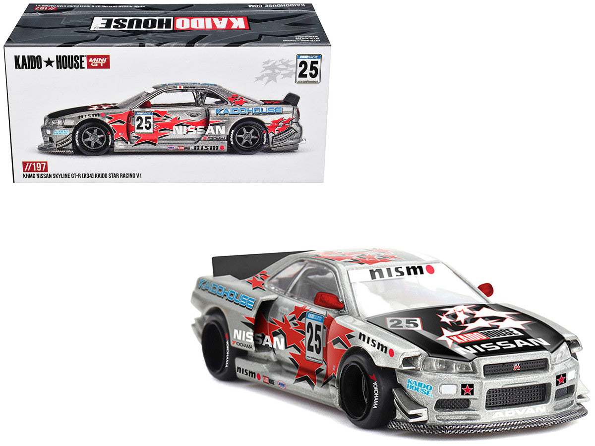 Nissan Skyline GT-R (R34) "Kaido Star Racing V1" RHD (Right Hand Drive) #25 Gray Metallic with Black Hood and Graphics (Designed by Jun Imai) "Kaido House" Special 1/64 Diecast Model Car by Mini GT-0