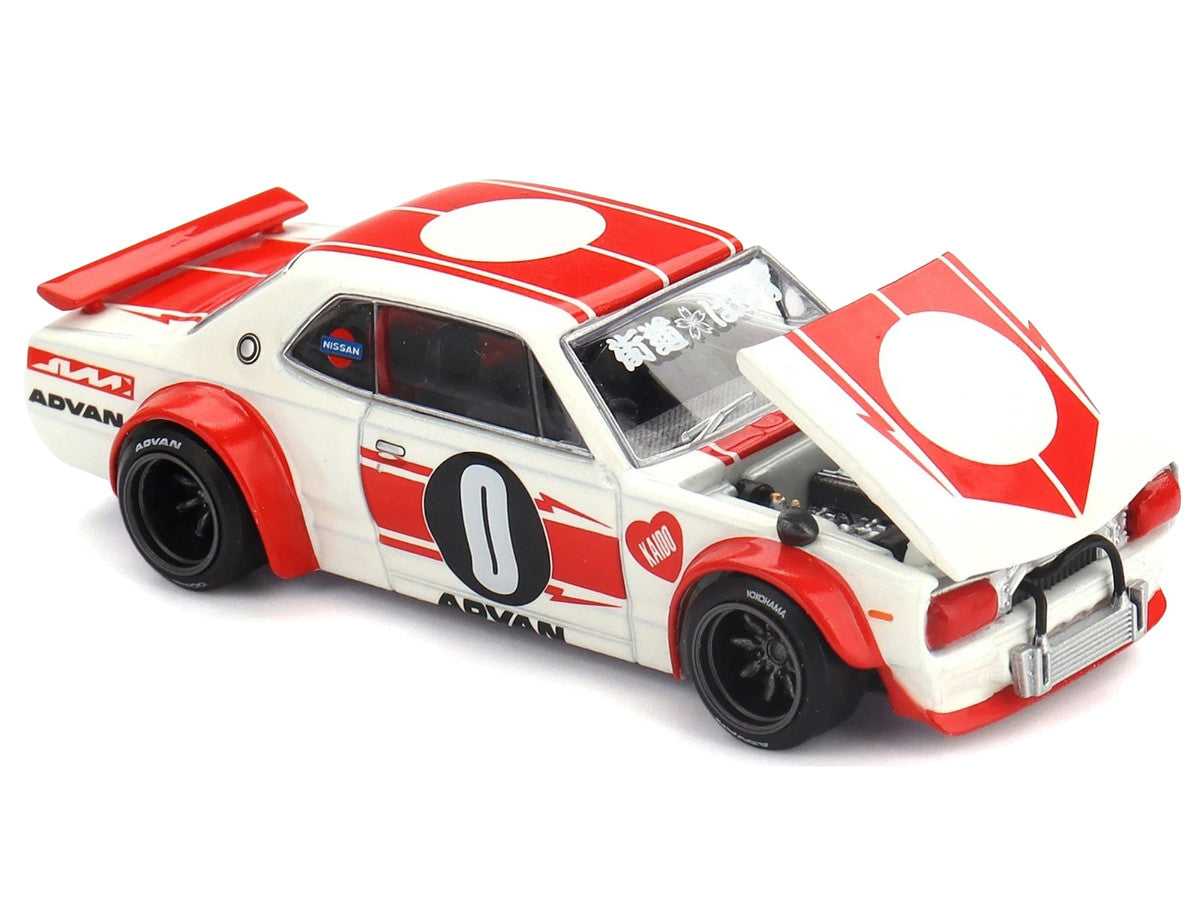 Nissan Skyline 2000GT-R (KPGC10) "Kaido Works V2" RHD (Right Hand Drive) White with Red Stripes (Designed by Jun Imai) "Kaido House" Special 1/64 Diecast Model Car by Mini GT-1