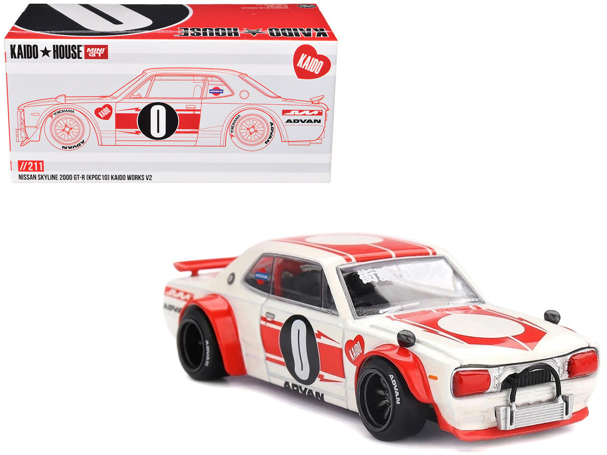 Nissan Skyline 2000GT-R (KPGC10) "Kaido Works V2" RHD (Right Hand Drive) White with Red Stripes (Designed by Jun Imai) "Kaido House" Special 1/64 Diecast Model Car by Mini GT-0
