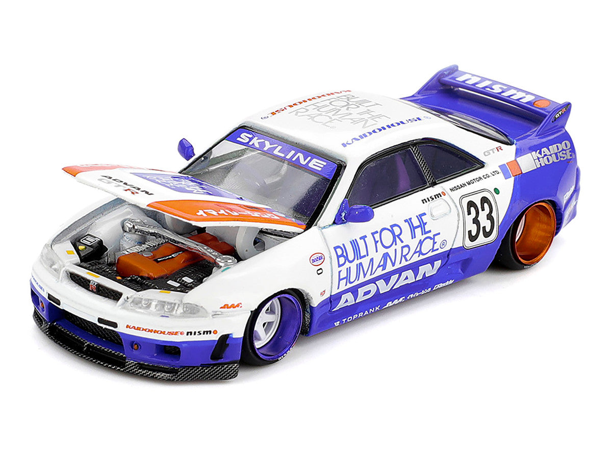 Nissan Skyline GT-R (R33) RHD (Right Hand Drive) #33 "BFTHR V1" Blue and White with Graphics (Designed by Jun Imai) "Kaido House" Special 1/64 Diecast Model Car by Mini GT-3