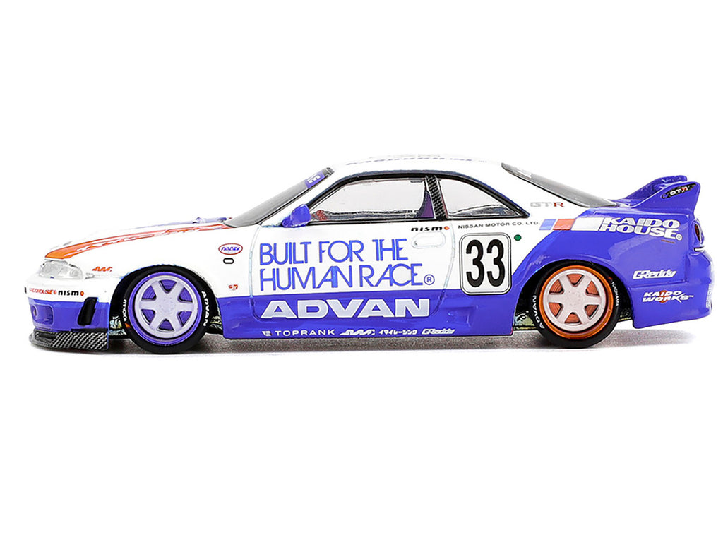 Nissan Skyline GT-R (R33) RHD (Right Hand Drive) #33 "BFTHR V1" Blue and White with Graphics (Designed by Jun Imai) "Kaido House" Special 1/64 Diecast Model Car by Mini GT-1