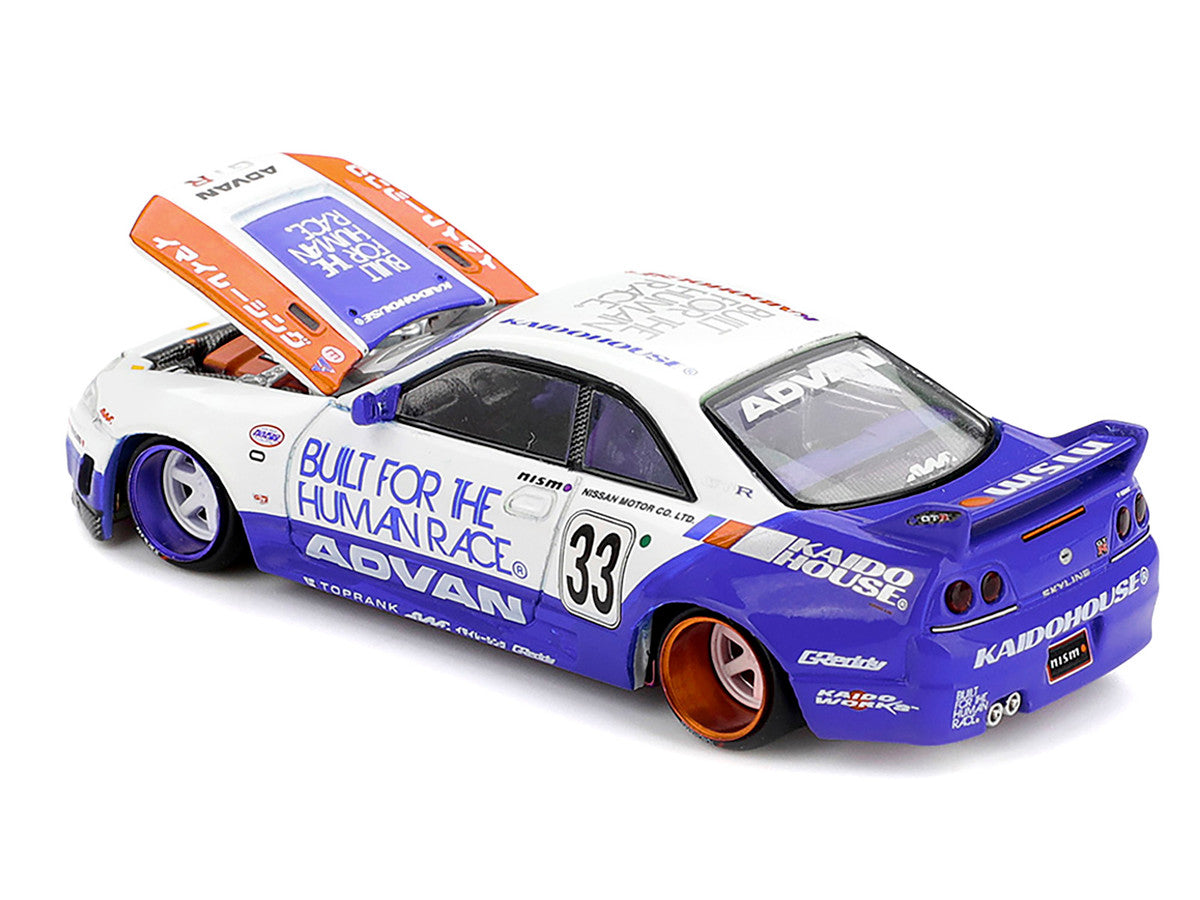 Nissan Skyline GT-R (R33) RHD (Right Hand Drive) #33 "BFTHR V1" Blue and White with Graphics (Designed by Jun Imai) "Kaido House" Special 1/64 Diecast Model Car by Mini GT-0