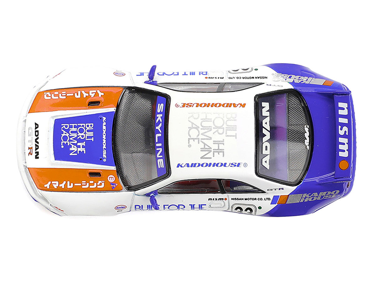 Nissan Skyline GT-R (R33) RHD (Right Hand Drive) #33 "BFTHR V1" Blue and White with Graphics (Designed by Jun Imai) "Kaido House" Special 1/64 Diecast Model Car by Mini GT-2