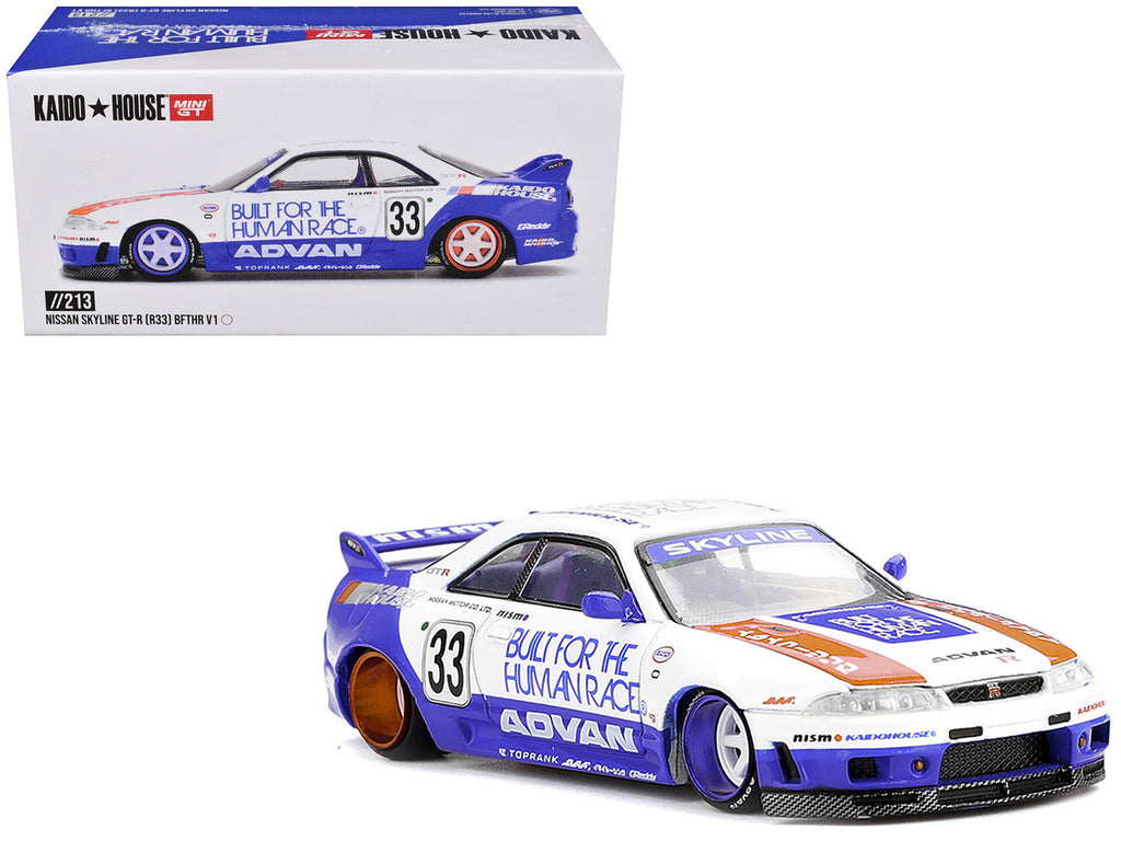 Nissan Skyline GT-R (R33) RHD (Right Hand Drive) #33 "BFTHR V1" Blue and White with Graphics (Designed by Jun Imai) "Kaido House" Special 1/64 Diecast Model Car by Mini GT-4