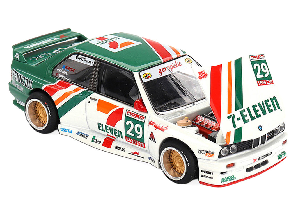 BMW M3 "Kaido Works Larry Chen V1" #29 "7-Eleven" White and Green with Graphics (Designed by Jun Imai) "Kaido House" Special 1/64 Diecast Model Car by Mini GT-1