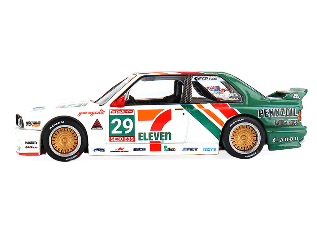 BMW M3 "Kaido Works Larry Chen V1" #29 "7-Eleven" White and Green with Graphics (Designed by Jun Imai) "Kaido House" Special 1/64 Diecast Model Car by Mini GT-0
