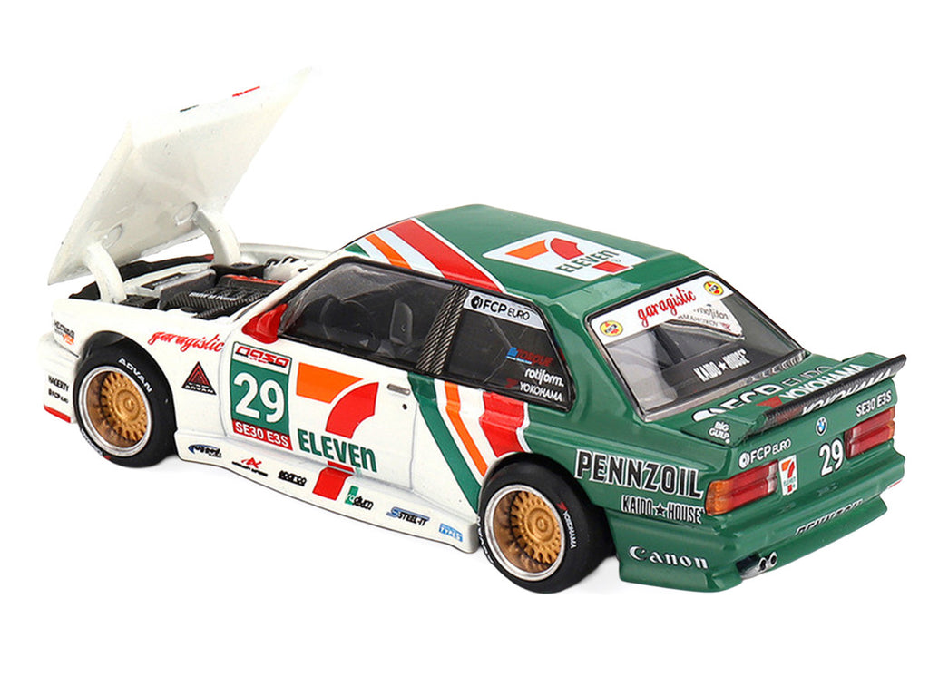 BMW M3 "Kaido Works Larry Chen V1" #29 "7-Eleven" White and Green with Graphics (Designed by Jun Imai) "Kaido House" Special 1/64 Diecast Model Car by Mini GT-3