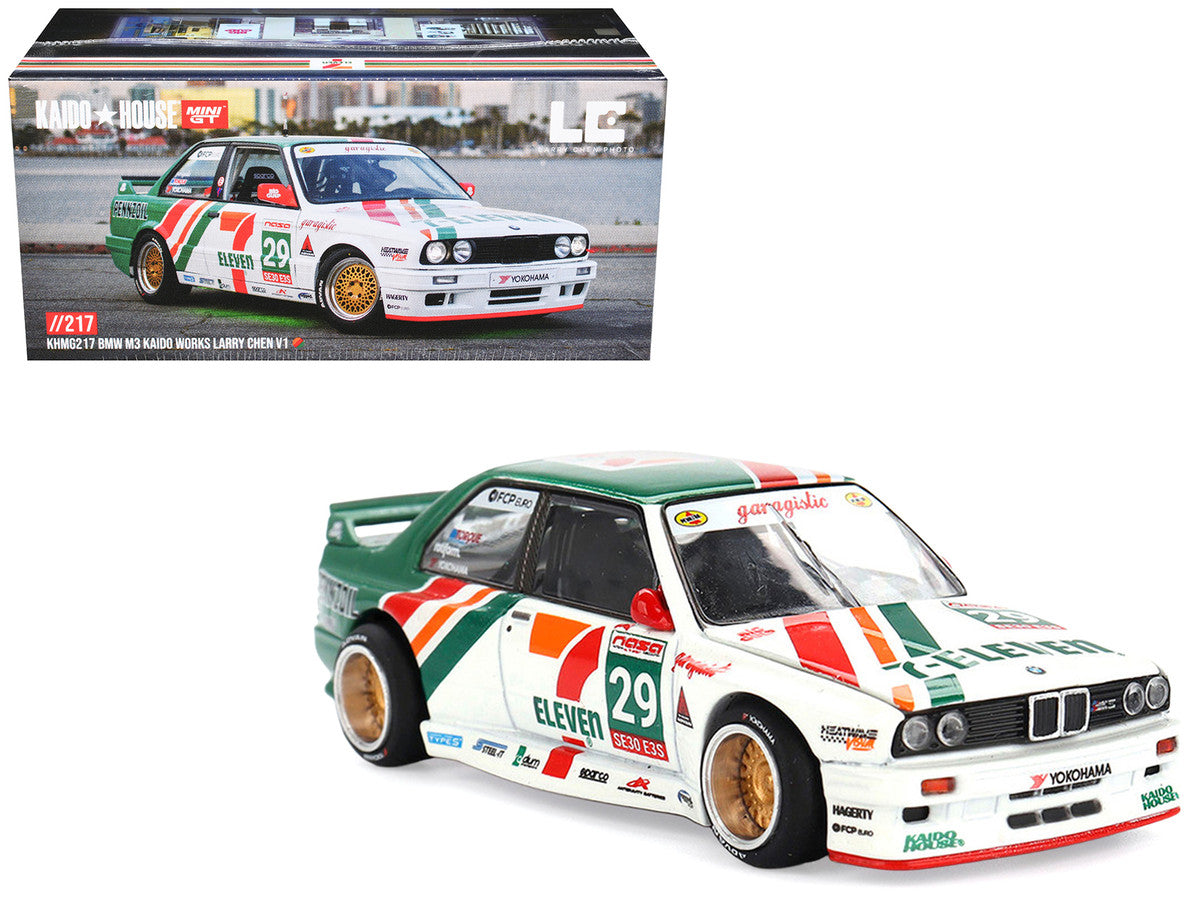 BMW M3 "Kaido Works Larry Chen V1" #29 "7-Eleven" White and Green with Graphics (Designed by Jun Imai) "Kaido House" Special 1/64 Diecast Model Car by Mini GT-4