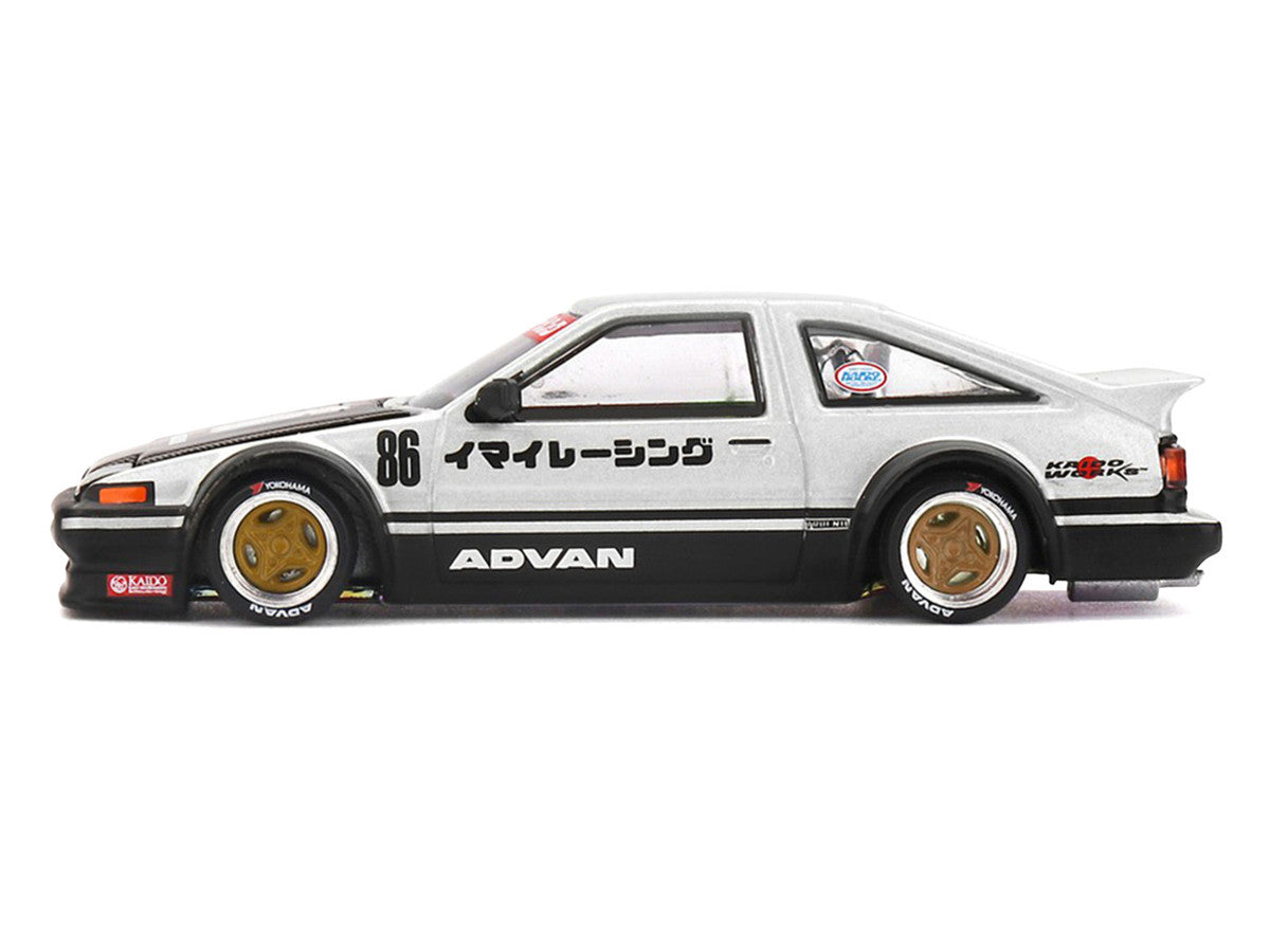 Toyota AE86 Sprinter Trueno RHD (Right Hand Drive) #86 "Kaido Street V2" Silver Metallic and Black with Carbon Hood and Graphics (Designed by Jun Imai) "Kaido House" 1/64 Die Cast Model Car by Mini GT-0