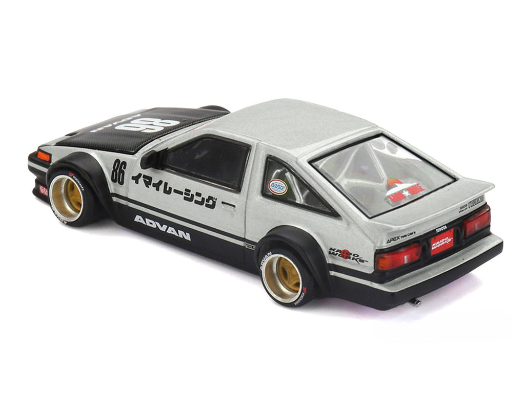 Toyota AE86 Sprinter Trueno RHD (Right Hand Drive) #86 "Kaido Street V2" Silver Metallic and Black with Carbon Hood and Graphics (Designed by Jun Imai) "Kaido House" 1/64 Die Cast Model Car by Mini GT-1