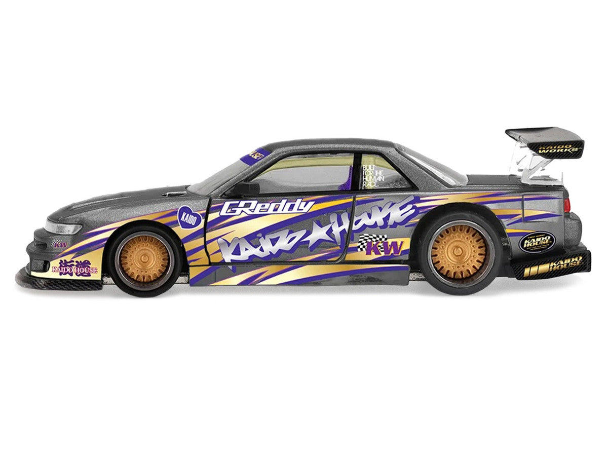 Nissan Silvia S13-R "Kaido Drift V1" RHD (Designed by Jun Imai) Gray Metallic with Graphics "Kaido House" Special 1/64 Diecast Model Car by Mini GT-2