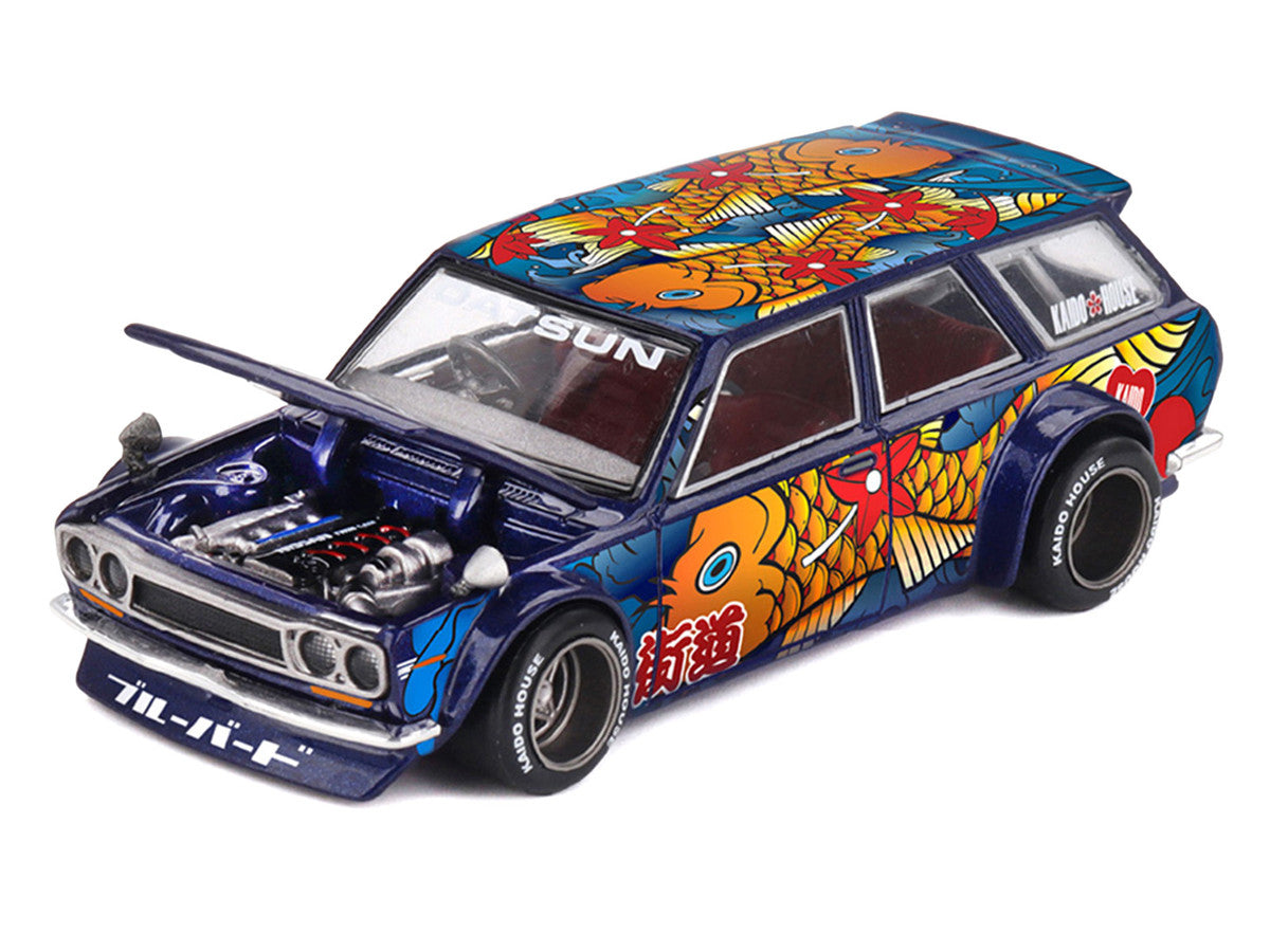 Datsun Kaido 510 Wagon RHD (Right Hand Drive) "Koi Wagon V1" Blue with Koi Fish Graphics (Designed by Jun Imai) "Kaido House" Special 1/64 Diecast Model Car by Mini GT-1