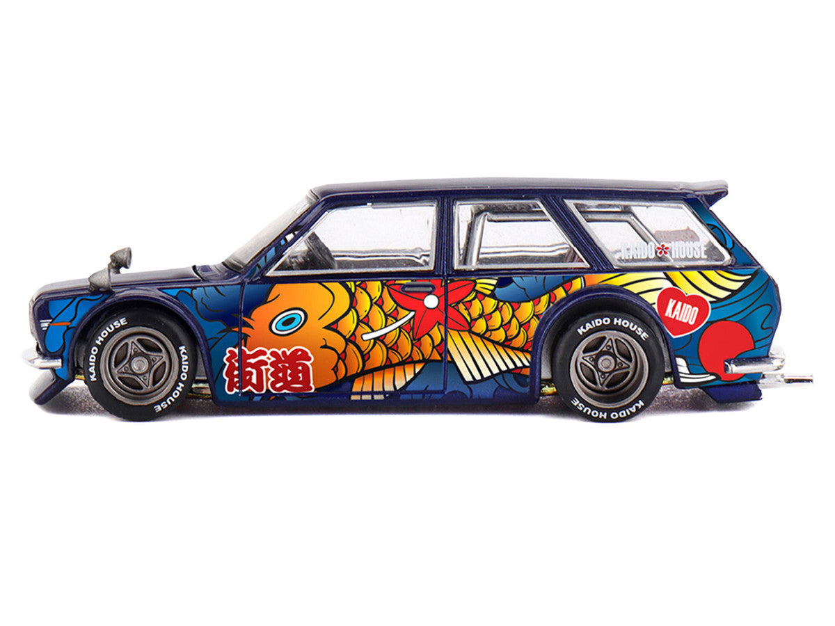 Datsun Kaido 510 Wagon RHD (Right Hand Drive) "Koi Wagon V1" Blue with Koi Fish Graphics (Designed by Jun Imai) "Kaido House" Special 1/64 Diecast Model Car by Mini GT-0