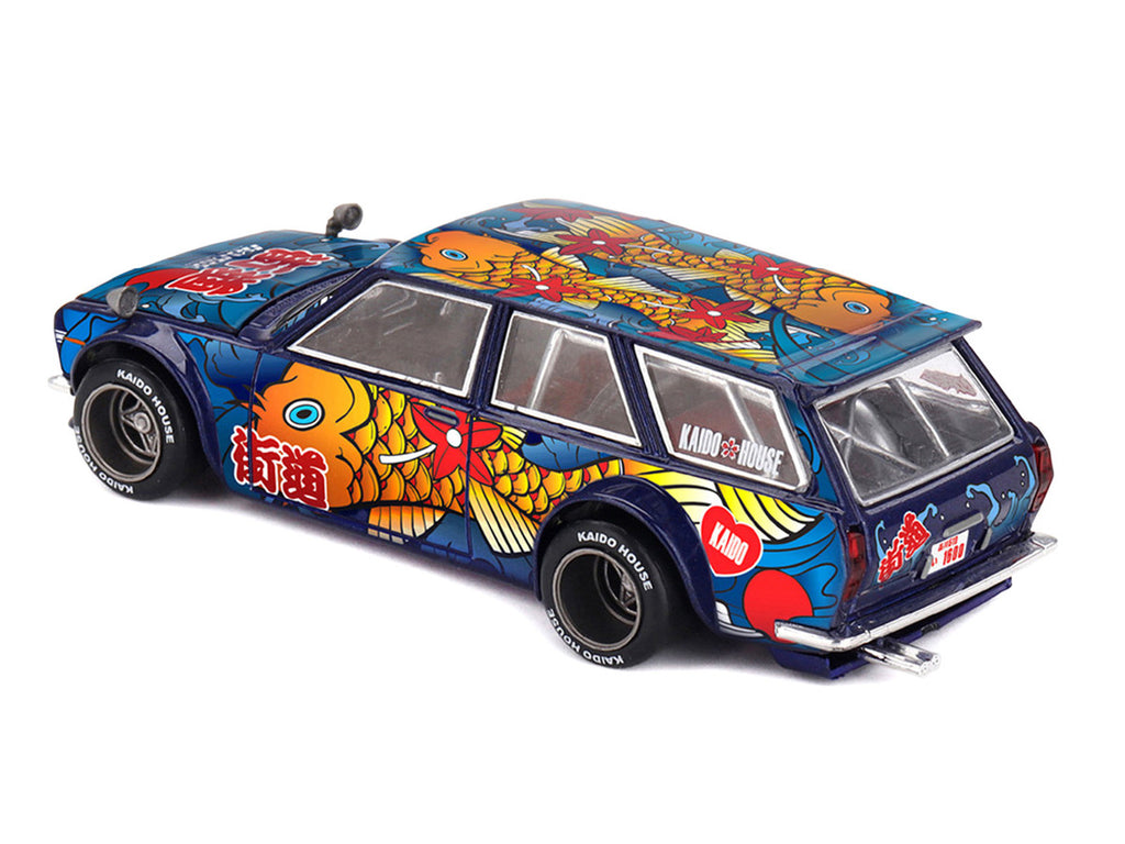 Datsun Kaido 510 Wagon RHD (Right Hand Drive) "Koi Wagon V1" Blue with Koi Fish Graphics (Designed by Jun Imai) "Kaido House" Special 1/64 Diecast Model Car by Mini GT-3
