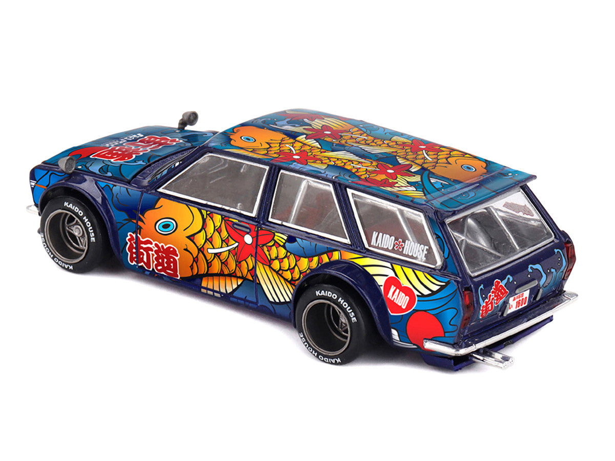 Datsun Kaido 510 Wagon RHD (Right Hand Drive) "Koi Wagon V1" Blue with Koi Fish Graphics (Designed by Jun Imai) "Kaido House" Special 1/64 Diecast Model Car by Mini GT-3