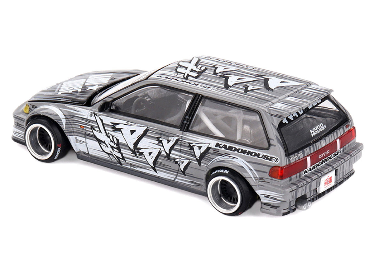 Honda Civic (EF) "Manga V1" Gray Metallic with Graphics (Designed by Jun Imai) "Kaido House" Special 1/64 Diecast Model Car by Mini GT-1