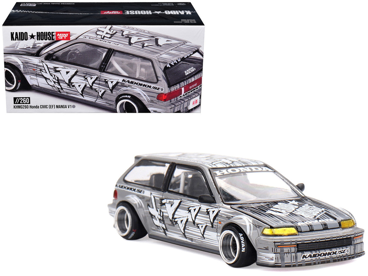 Honda Civic (EF) "Manga V1" Gray Metallic with Graphics (Designed by Jun Imai) "Kaido House" Special 1/64 Diecast Model Car by Mini GT-4