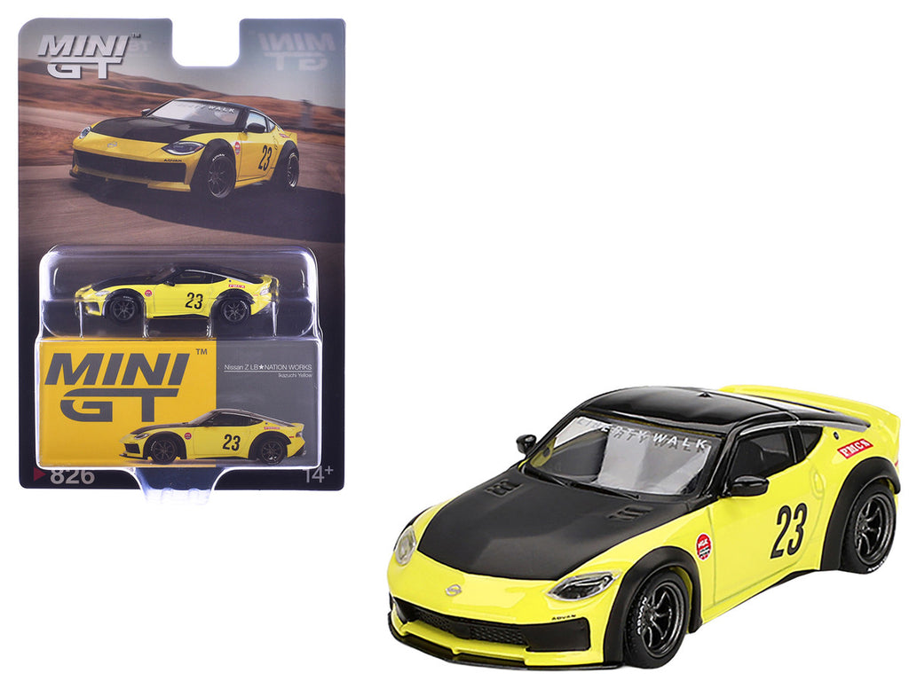 Nissan Z "LB-Nation Works" #23 Ikazuchi Yellow with Black Hood and Top Limited Edition 1/64 Diecast Model Car by Mini GT-3