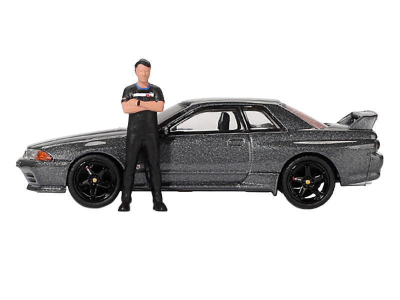 Nissan Skyline GT-R (R32) RHD (Right Hand Drive) Gunmetal Gray Metallic with Tsugio Matsuda Figure Limited Edition 1/64 Diecast Model Car by Mini GT-1