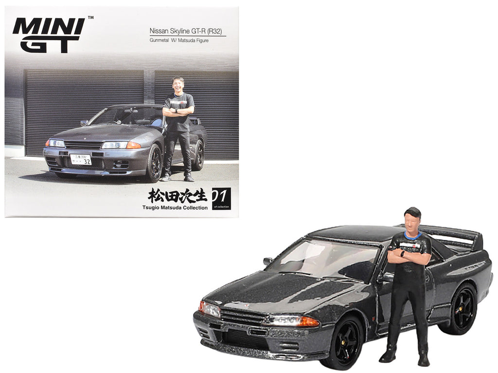 Nissan Skyline GT-R (R32) RHD (Right Hand Drive) Gunmetal Gray Metallic with Tsugio Matsuda Figure Limited Edition 1/64 Diecast Model Car by Mini GT-3