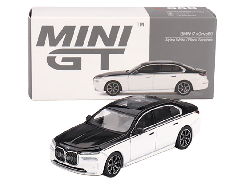 BMW i7 xDrive60 Dravit Alpine White and Black Sapphire Limited Edition 1/64 Diecast Model Car by Mini GT-1