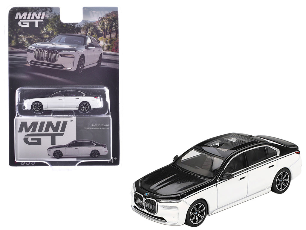 BMW i7 xDrive60 Dravit Alpine White and Black Sapphire Limited Edition 1/64 Diecast Model Car by Mini GT-3