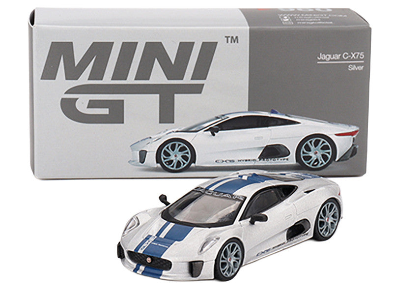 Jaguar C-X75 Silver Metallic with Blue Stripes Limited Edition 1/64 Diecast Model Car by Mini GT-2