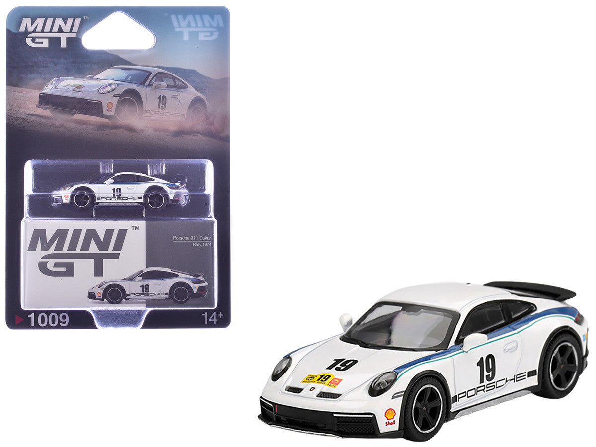 Porsche 911 Dakar #19 "Rally 1974" Tribute Livery White with Blue Stripes Limited Edition 1/64 Diecast Model Car by Mini GT-3