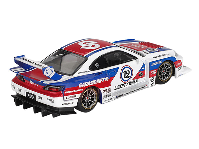 Nissan "LB-Super Silhouette" S15 SILVIA RHD (Right Hand Drive) "GARASIDRIFT x LBWK 2025" White with Blue and Red Stripes Limited Edition 1/64 Diecast Model Car by Mini GT-1