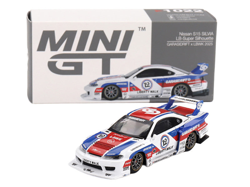 Nissan "LB-Super Silhouette" S15 SILVIA RHD (Right Hand Drive) "GARASIDRIFT x LBWK 2025" White with Blue and Red Stripes Limited Edition 1/64 Diecast Model Car by Mini GT-2