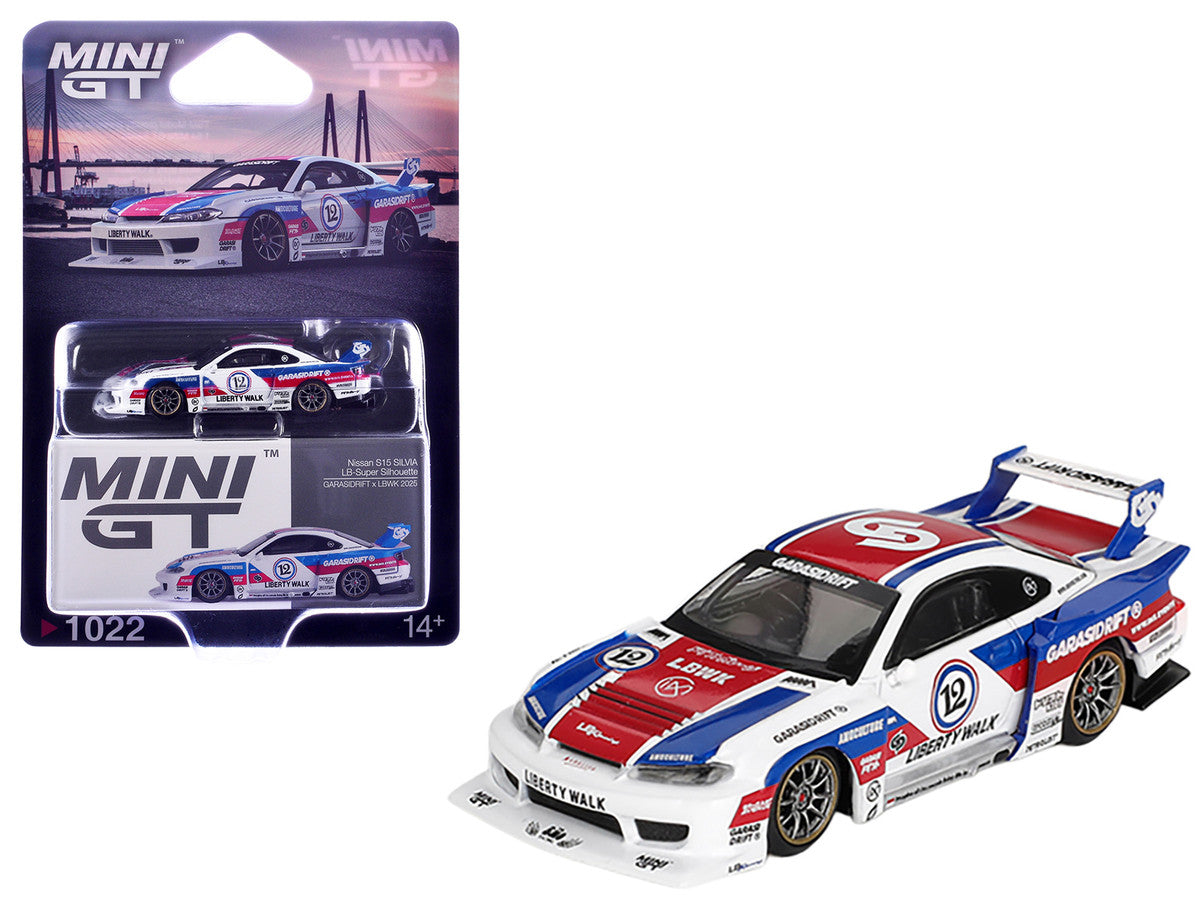 Nissan "LB-Super Silhouette" S15 SILVIA RHD (Right Hand Drive) "GARASIDRIFT x LBWK 2025" White with Blue and Red Stripes Limited Edition 1/64 Diecast Model Car by Mini GT-3