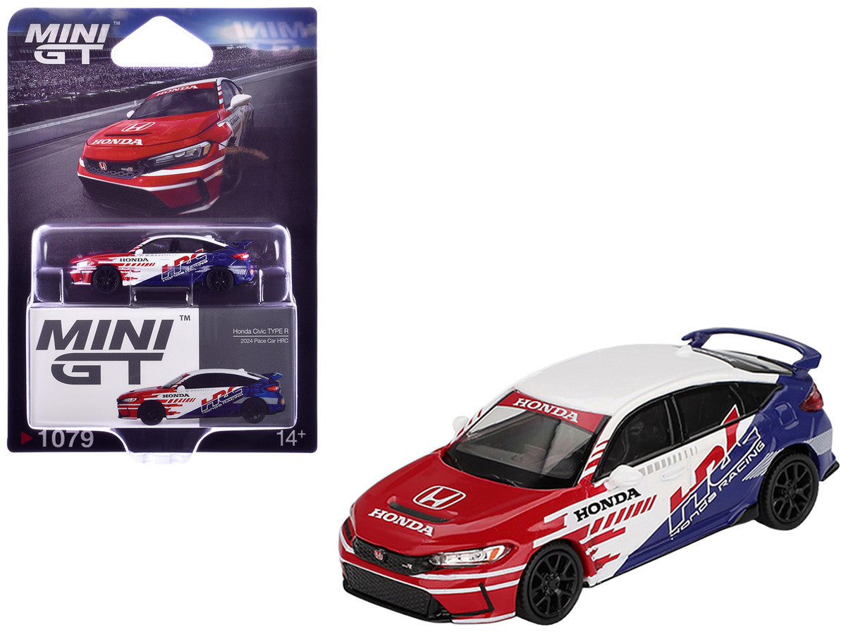 Honda Civic TYPE R "2024 Pace Car HRC" White with Red and Blue Graphics Limited Edition 1/64 Diecast Model Car by Mini GT-3