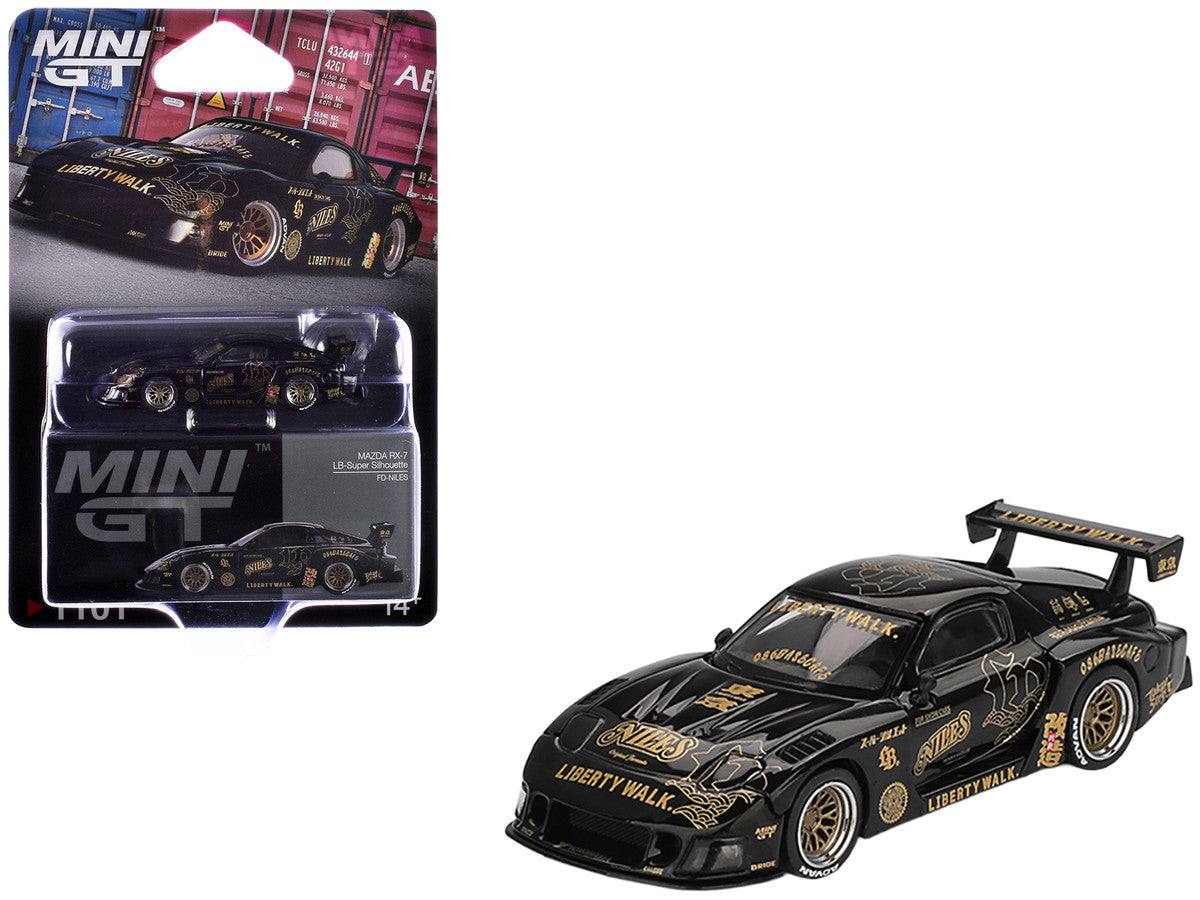 Mazda RX-7 LB-Super Silhouette "FD-NILES" Black with Gold Graphics Limited Edition 1/64 Diecast Model Car by Mini GT-2