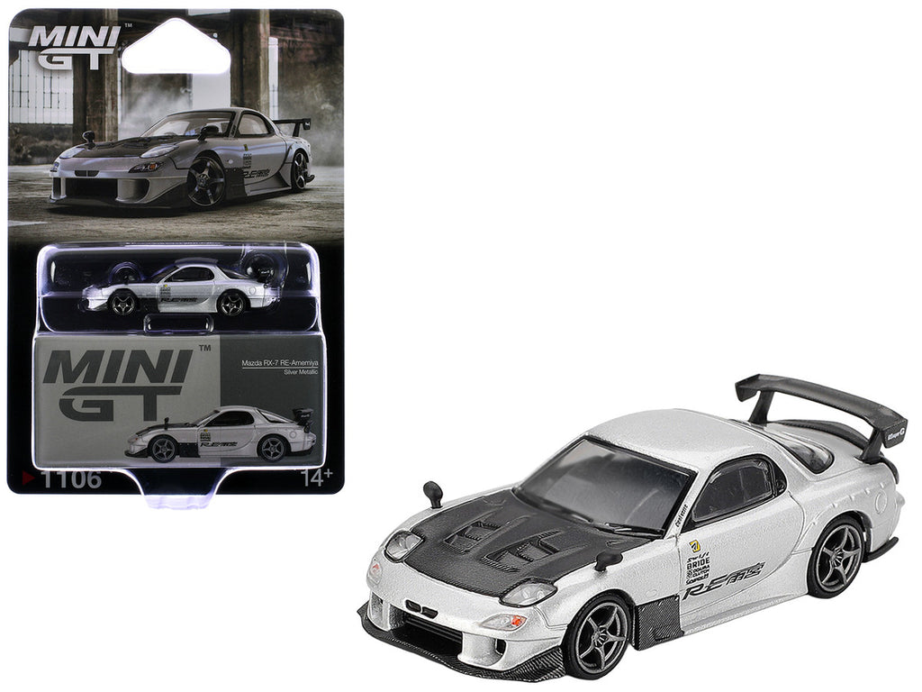 Mazda RX-7 RE-Amemiya Silver Metallic with Matt Black Hood Limited Edition 1/64 Diecast Model Car by Mini GT-3