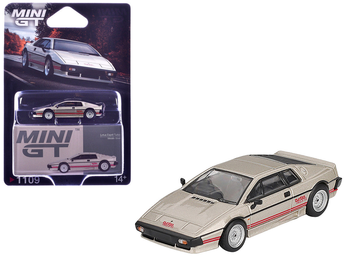 Lotus Esprit Turbo Silver Metallic with Red Stripes Limited Edition 1/64 Diecast Model Car by Mini GT-3