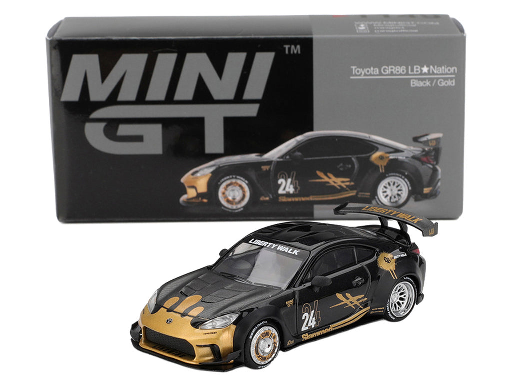 Toyota GR86 "LB-Nation - Liberty Walk" #24 Black with Carbon Hood and Gold Graphics Limited Edition 1/64 Diecast Model Car by Mini GT-2