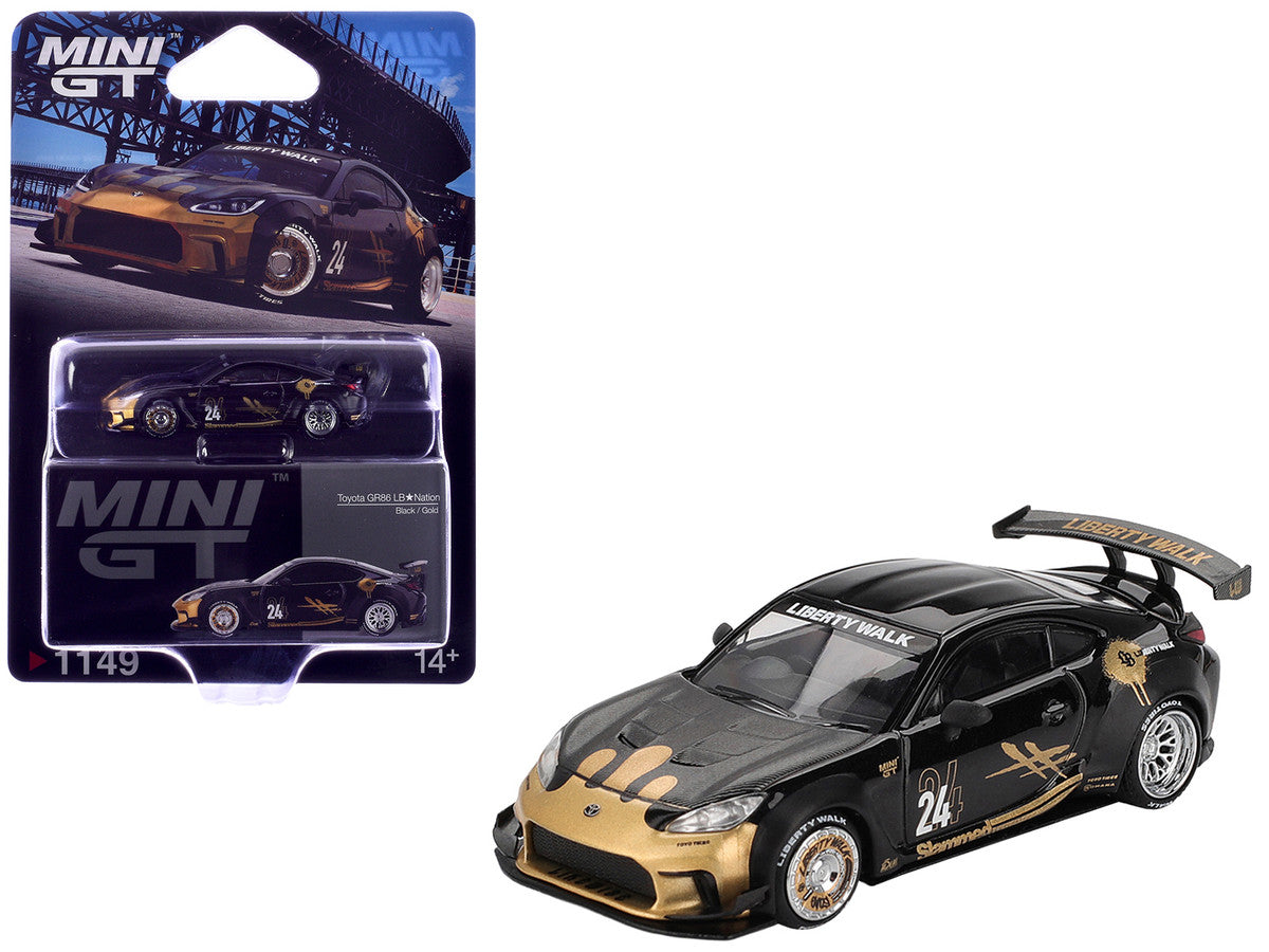 Toyota GR86 "LB-Nation - Liberty Walk" #24 Black with Carbon Hood and Gold Graphics Limited Edition 1/64 Diecast Model Car by Mini GT-3