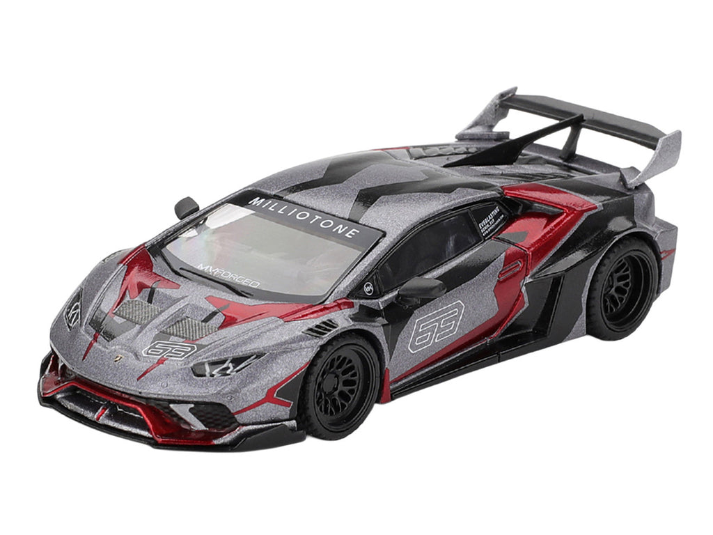 Lamborghini Huracan GT LB-WORKS "RONIN" Gray Metallic with Black and Red Graphics 1/64 Diecast Model Car by Mini GT-0