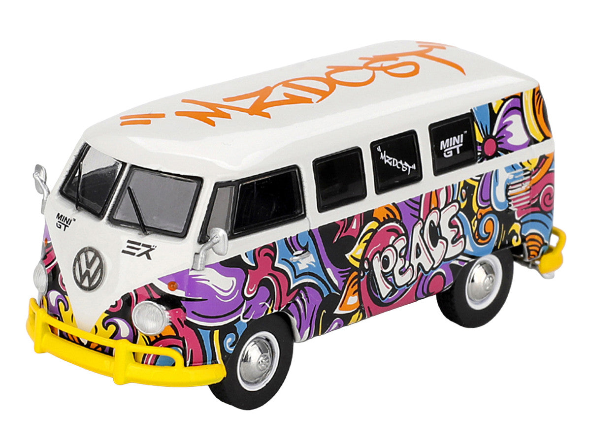 Volkswagen T1 Microbus "Mizu Design" White with Graffiti Graphics Limited Edition 1/64 Diecast Model Car by Mini GT-1
