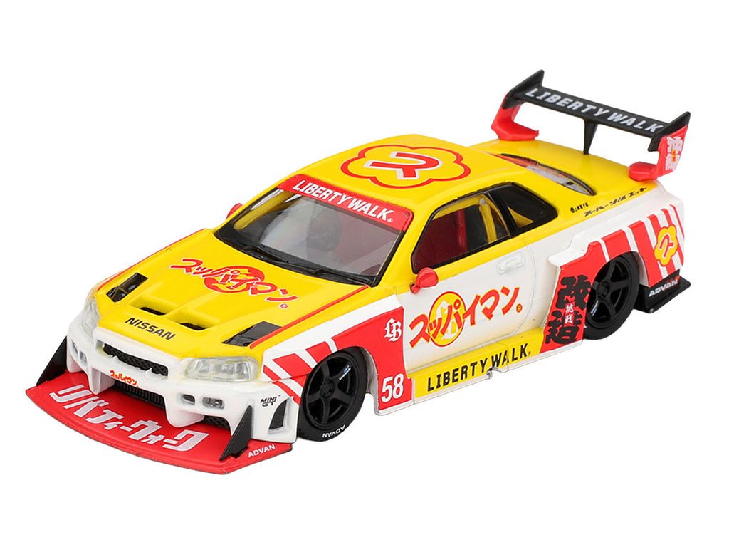 Nissan LB-ER34 Super Silhouette Skyline RHD (Right Hand Drive) #58 "Suppaiman Okinawa" Yellow and White with Graphics Limited Edition 1/64 Diecast Model Car by Mini GT-1