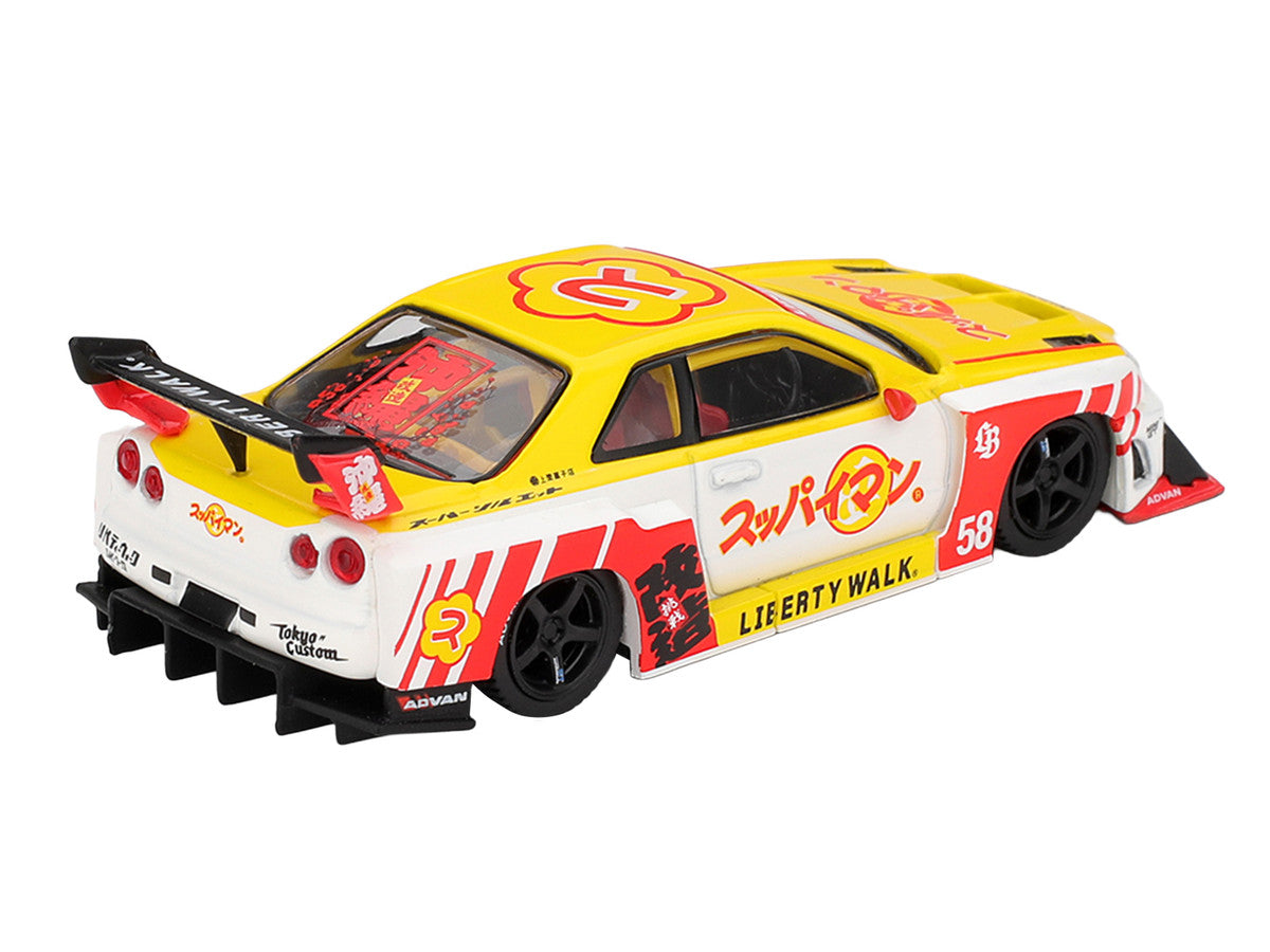 Nissan LB-ER34 Super Silhouette Skyline RHD (Right Hand Drive) #58 "Suppaiman Okinawa" Yellow and White with Graphics Limited Edition 1/64 Diecast Model Car by Mini GT-3
