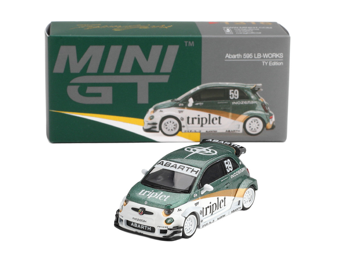 Abarth 595 LB-Works "TY Edition" #59 Green Metallic and White with Gold Stripes and Graphics Limited Edition 1/64 Die Cast Model Car by Mini GT-4