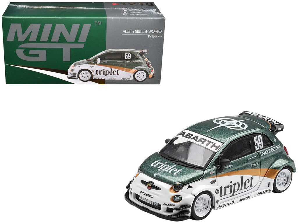 Abarth 595 LB-Works "TY Edition" #59 Green Metallic and White with Gold Stripes and Graphics Limited Edition 1/64 Die Cast Model Car by Mini GT-0